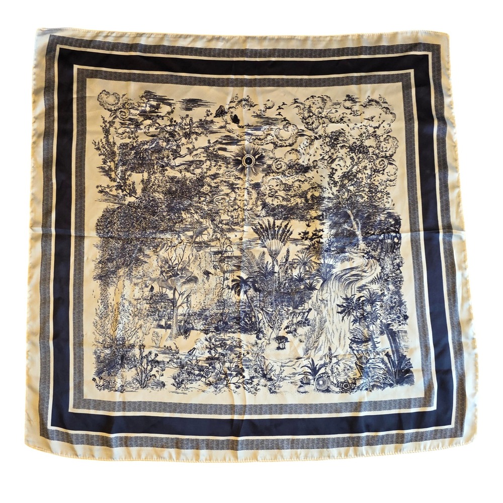 Vintage Toile de Jouy Square Scarf Navy Blue Cream Tropical Landscape Print 27"